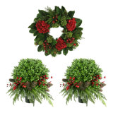 26" Holiday Wreath with Two UV Rated Boxwood Drop-Ins