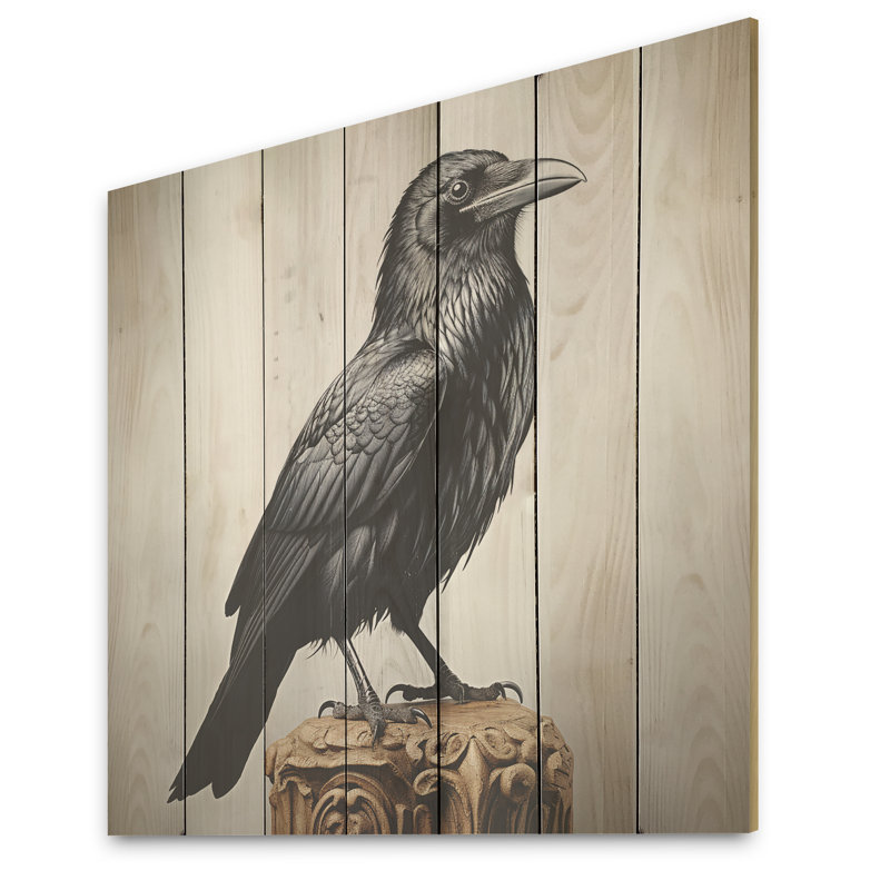 Mysterious Raven Guardian I - Animal corbeau sur bois, H 30 po x l 30 po