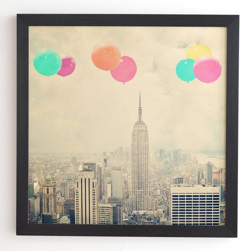 Photographie, ballons au-dessus de la ville, impression sur bois, H 30 po x l 30 po x P 1 po, Affiche, Aucun mat