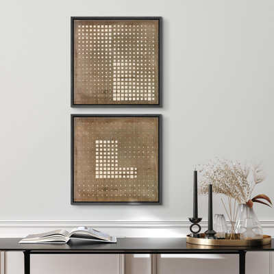 " Brown Grid And Pixel Pattern Illustrations Abstract Rustic Art Minimalist " 2 - Pieces