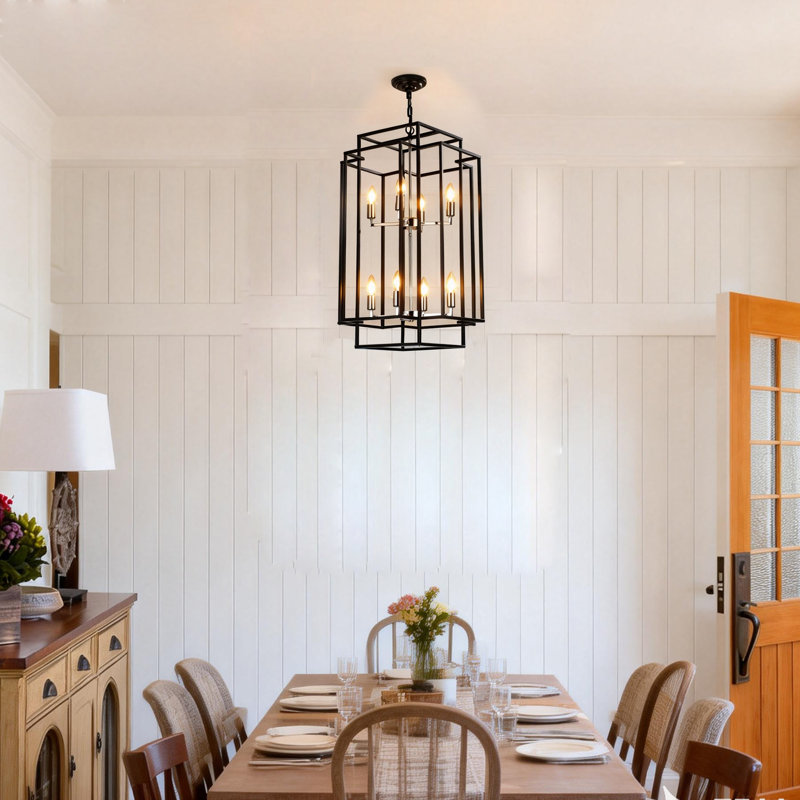 Lustre suspendu moderne géométrique noir et chrome à 8 lumières, cadre en métal industriel, lumière suspendue réglable (sans ampoules)