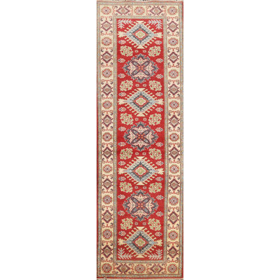 Tapis de couloir rouge / beige en laine noué à la main 2 pi 8 po x 9 pi 9 po
