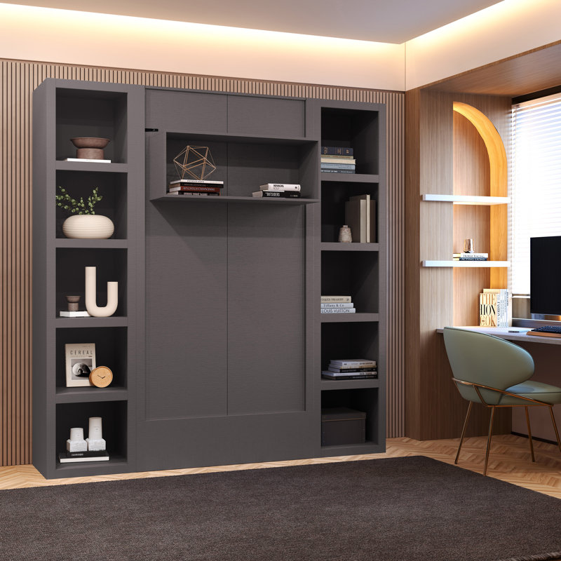 Easy-Lift Murphy Wall Bed in Wood Grain with Two Bookshelves, Ash, Twin