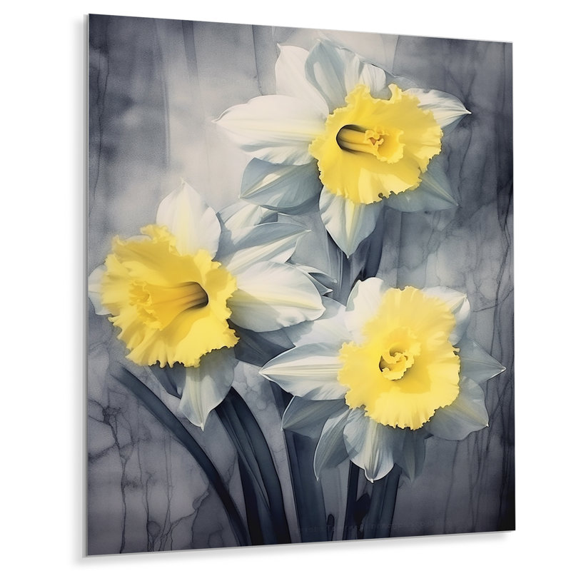 Impression de jonquilles jaunes et grises de la nature - impression sans cadre sur métal, H 20 po x l 12 po x P 1 po