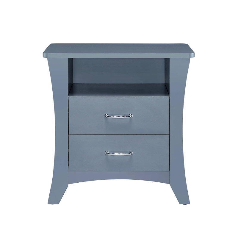 Table de chevet grise avec compartiment supérieur ouvert et 2 tiroirs