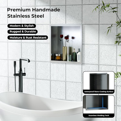 Niche de douche encastrée Enjyam en acier inoxydable doré – Organisateur mural étanche à double étagère – Antirouille, sans carrelage, rangement intégré pour salle de bain – 30,5 x 61 cm (12 x 24 po) Double grille dorée
