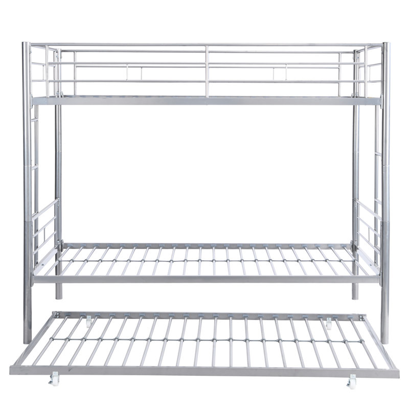 Silver Metal Bunk Bed With Trundle - Quiet Nighttime Rest In Space Saving Bedroom Choice, Silver