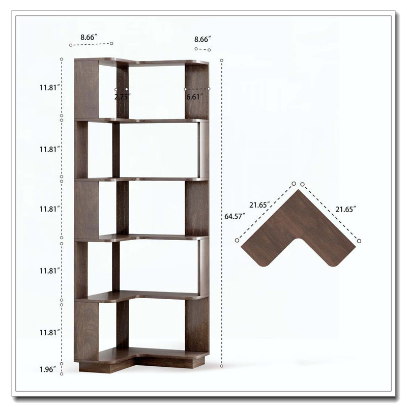 6 Tier Freestanding L-Shaped Corner Bookshelf For Living Room, Dark Brown