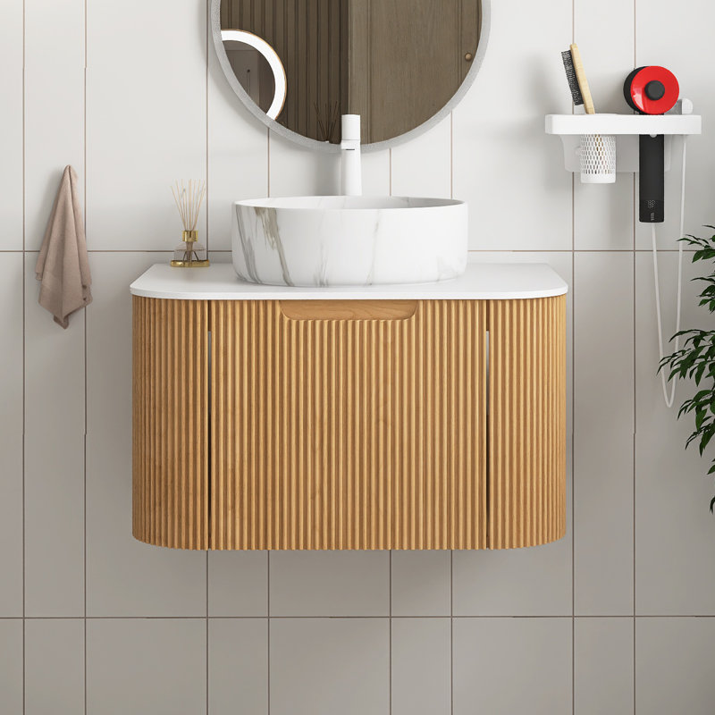 Meuble-lavabo mural avec plateau et tiroir, Naturel, 24", Marbre
