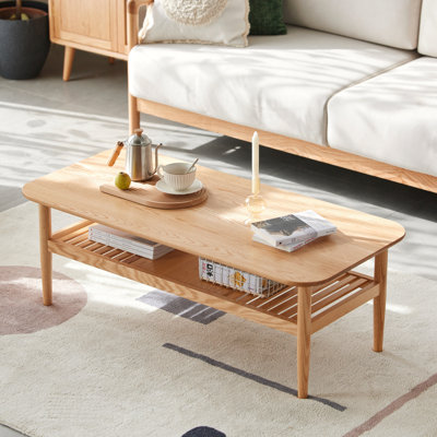 100% Solid Wood Coffee Table, 2-Tier Mid-Century Modern Coffee & Tea Table With Storage Shelf, Minimalist Living Room Table For Small Spaces, Sturdy Natural Wood Accent Table