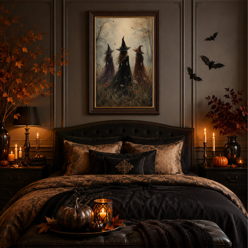 «Three Witches in Misty Autumn Forest», art mural sur toile, 24"H x 16"W