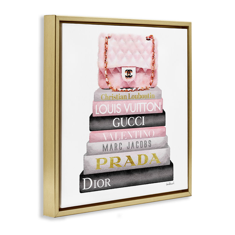 «Watercolor High Fashion Bookstack Floater», art mural sur toile par Amanda Greenwood, Cadre flottant métallique doré