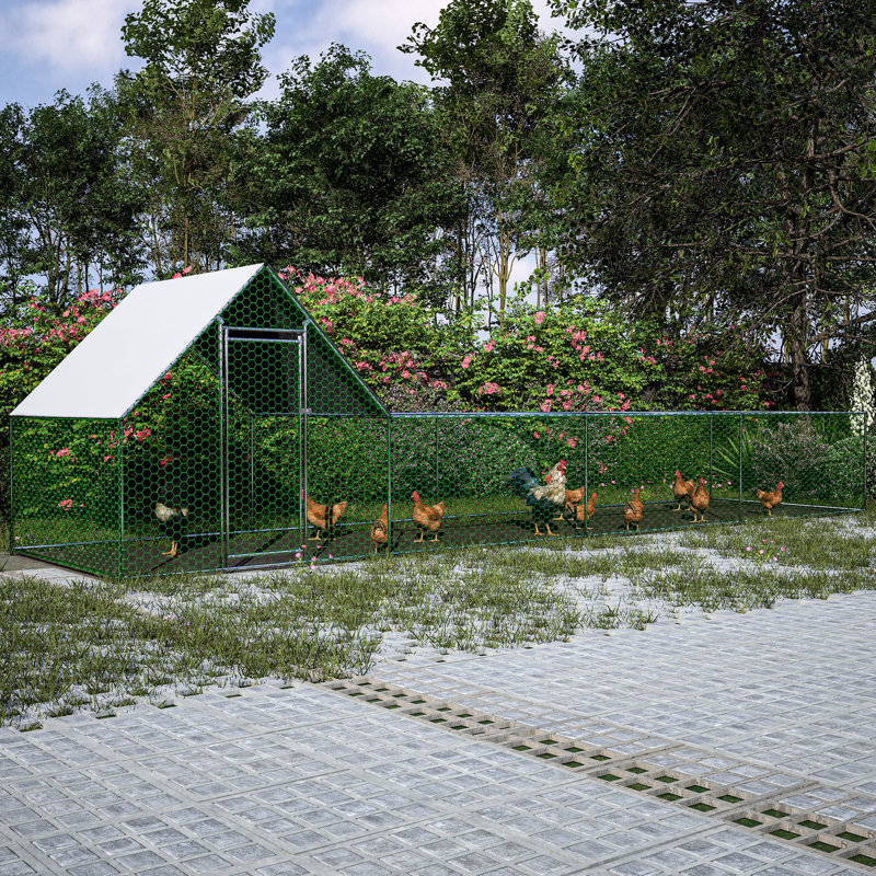 Cage à volaille en métal galvanisé de 26 pi x l 6,7 pi x P 6,6 pi avec barrière verrouillable et couvercle imperméable pour poulailler