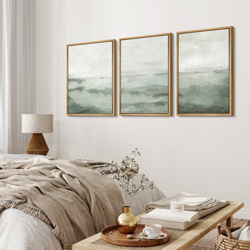Sage Green Abstract Landscape Canvas Print Set with Natural Frame