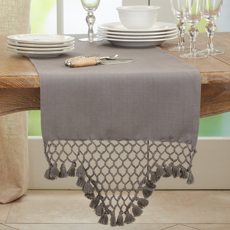 Grey Cotton Braided Tassel Table Runner, 16 x 72 in