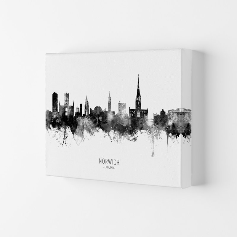 Norwich England Skyline Black White City Name by Michael Tompsett - Print, 21cm H x 29.7cm W x 4cm D, Wrapped Canvas