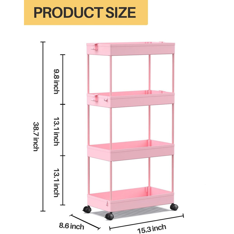 Rolling Storage Cart, Pink, 33.5" H x 8.66" W x 15.75" D