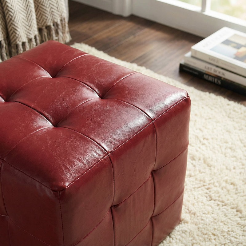 Delinda Faux Leather Ottoman, Red Faux Leather