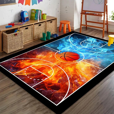 Basketball Court Area Rug, Basketball Print Court Sport Rug Rugs Flame Stadium Sport Play Basketball Court Floor Carpet for Living Room Bedroom Playroom Non-Slip Soft Carpet, 3.3′ × 5.2′
