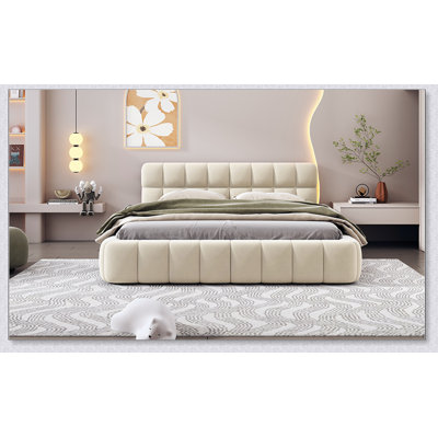Upholstered Platform Bed With Thick Fabric, Grounded Bed With Solid Frame