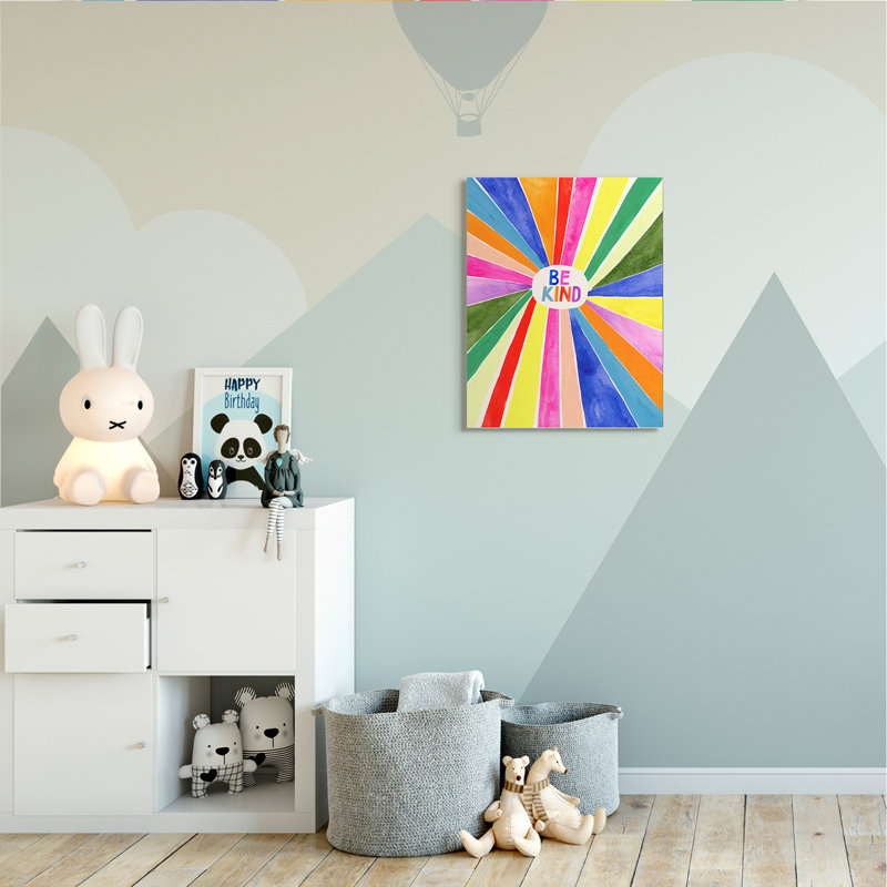 «Be Kind Expression Rainbow Stripe Burst» par Victoria Barnes - reproduction d'art, H 30 po x l 24 po x P 1,5 po