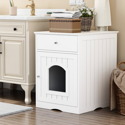 Wooden Cat Litter Box Enclosure With Side Table & Drawer For Indoor - White