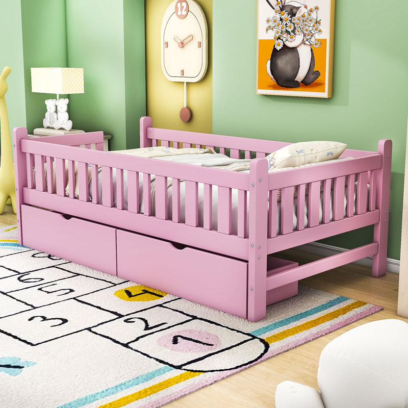 Lit plateforme simple en bois avec garde-corps et deux tiroirs, Pink