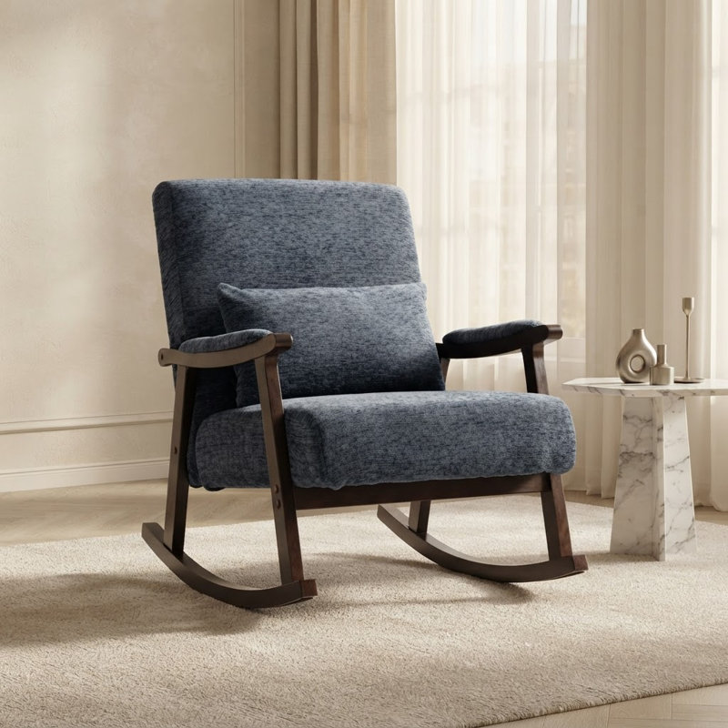 Fauteuil à bascule d'appoint moderne du milieu du siècle avec cadre en bois massif, Blue