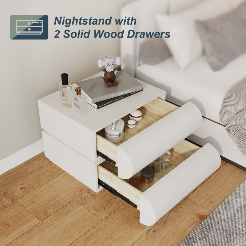 White Leather Wrapped Modern Nightstand with 2 Solid Wood Drawers