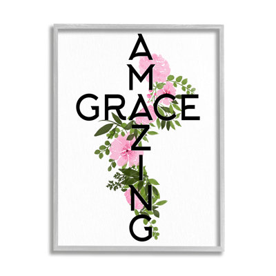 «Amazing Grace Pink Floral Cross Shape Botanicals», art textuel sur panneau de fibres à densité moyenne