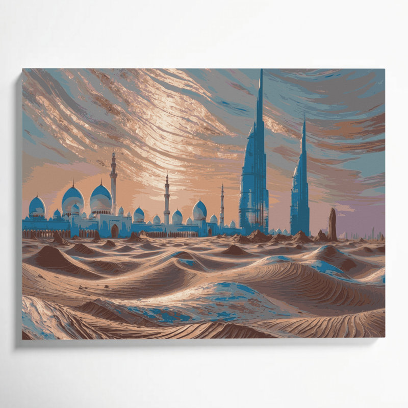 Art mural sur toile grises avec villes Abou Dabi, H 16 po x l 20 po