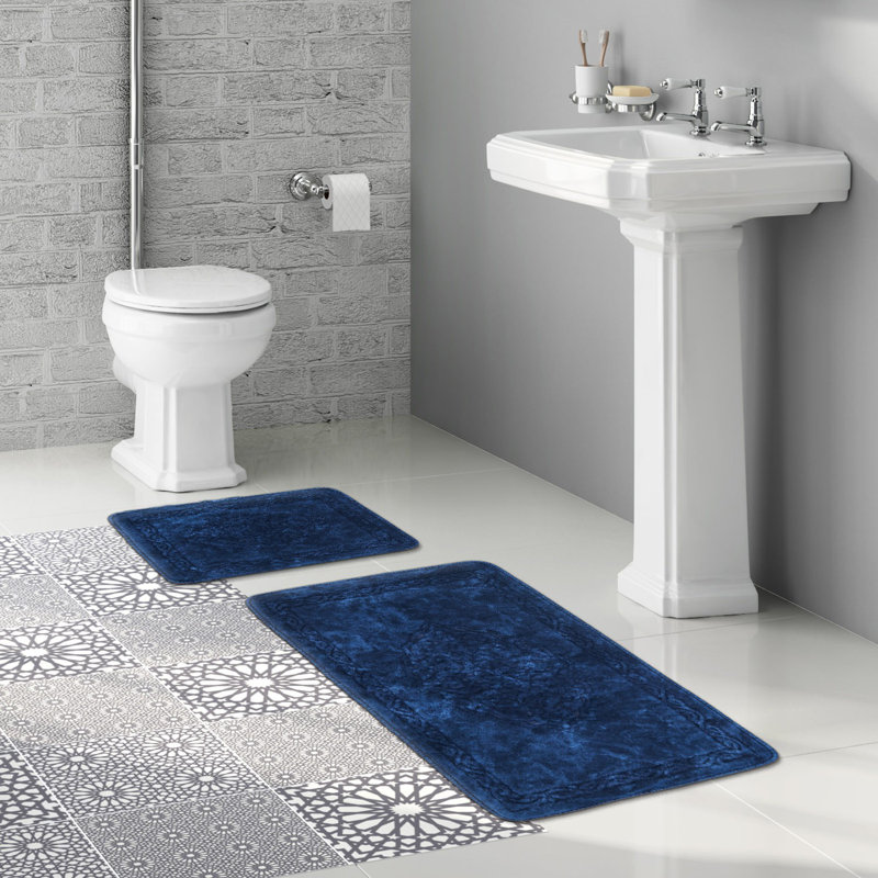 Ensemble de tapis de bain luxueux en coton (2 pièces), bleu foncé, 19,7 po x 23,6 po et 23,6 po x 39,4 po | Dessous antidérapant, hauteur de poils de 0,2 pouce, 35,3 oz / verge carrée | Lavable à la machine, doux et absorbant pour le confort de la salle de bain