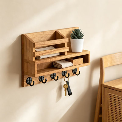 Porte-clés mural et porte-clés, porte-clés avec tablette de rangement et 5 crochets pour vestibule, manteau, laisse pour chien, organisateur de décor de maison de campagne