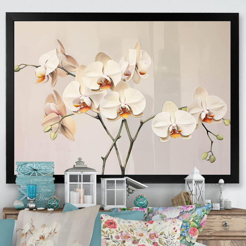 Orchidées beiges tranquillité VI sur toile, Cadre simple noir, H 12 po x l 20 po x P 1 po