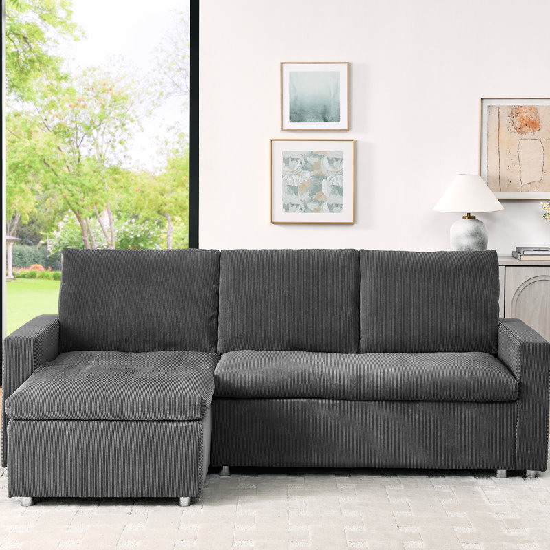 Canapé modulaire en L en velours côtelé avec méridienne réversible et canapé-lit détachable en lin amovible, Gris