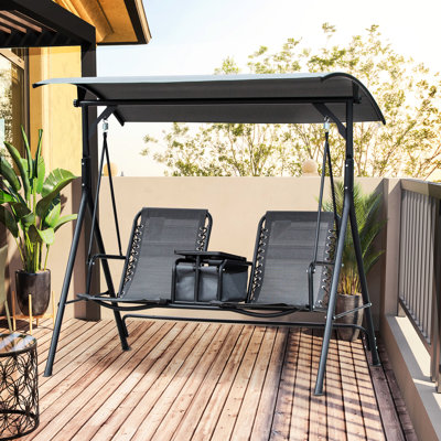 Balancelle de patio pour deux personnes, auvent extérieur avec bureau de rangement pivotant, porte-gobelet, abat-jour réglable, structure en acier, gris, charge maximale de 528 lb