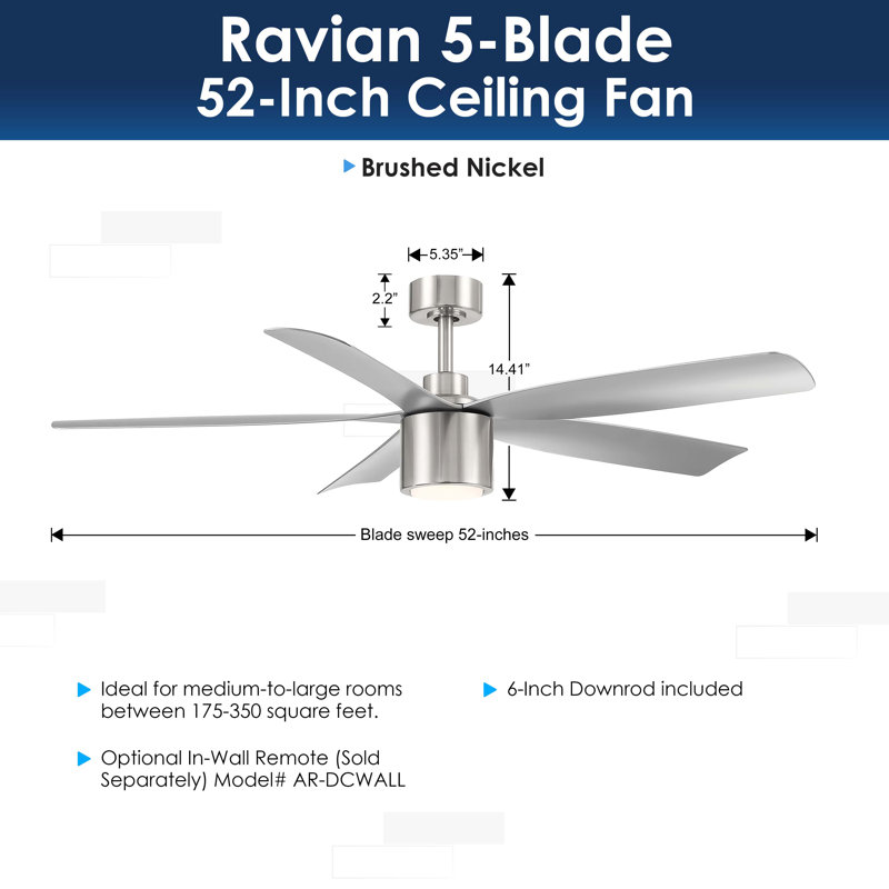 RAVIAN 5-Blade Ceiling Fan With Remote and Dimmable Light, Brushed Nickel, 52"