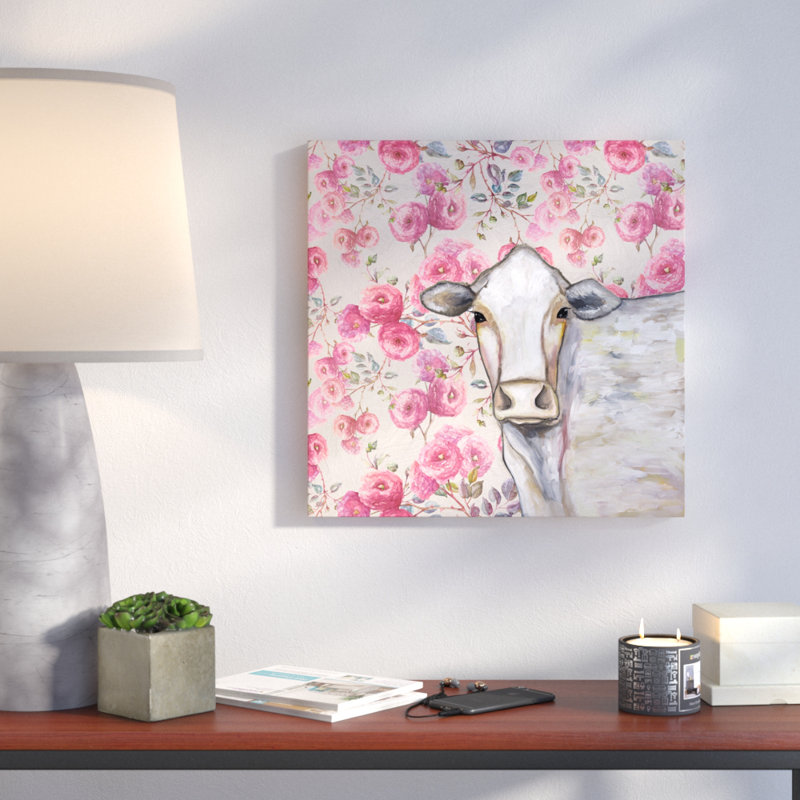 «Cow Cow Floral» par Eli Halpin, reproduction de peinture acrylique, H 16 po x l 16 po, Toile tendue