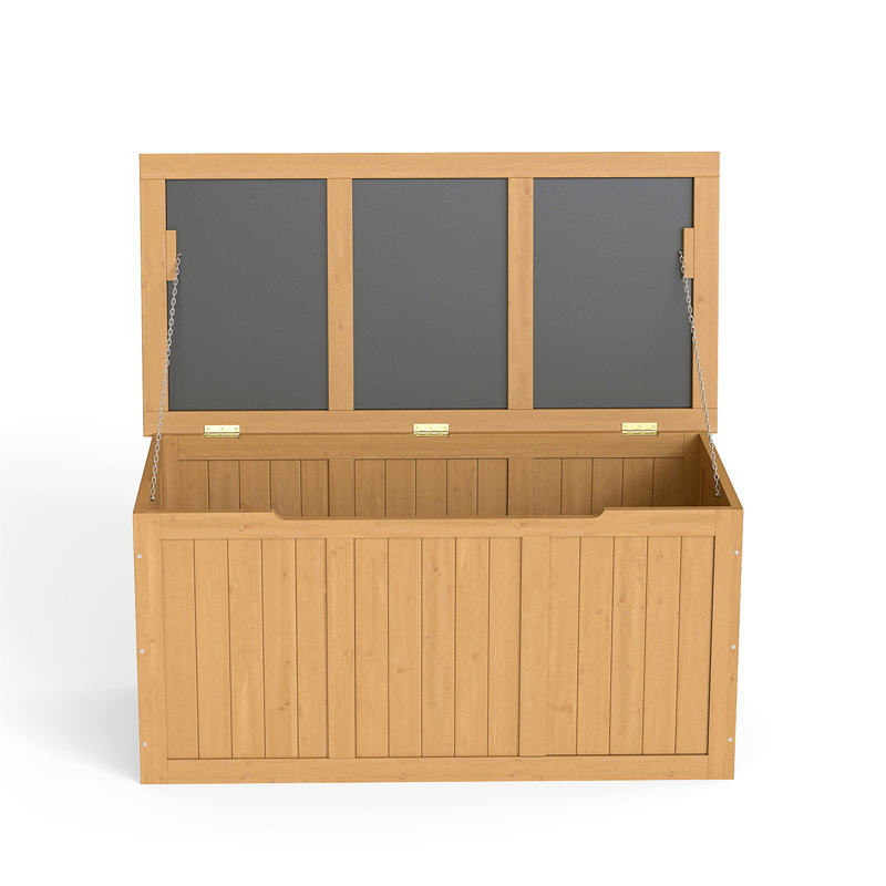 67 Gallon Outdoor Wooden Deck Box Solid Wood Storage Box Seat & Table Top For Patio Furniture Cushions, Light Brown