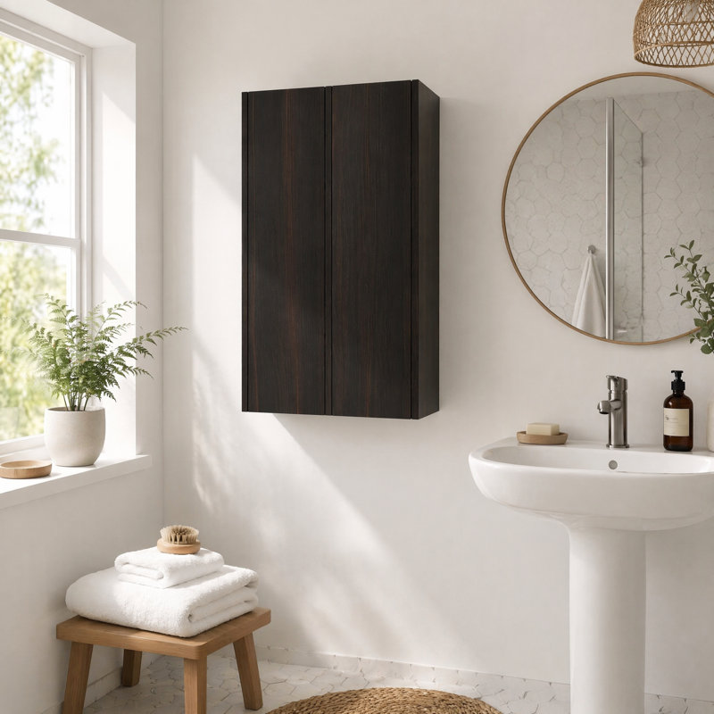 Combo armoire murale 24 po avec porte à fermeture douce, finition chêne foncé, organisateur de rangement de salle de bain 2 pièces avec tablettes intérieures pour petits espaces