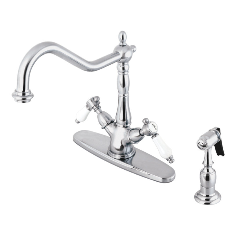 Kingston Brass Bel-Air Two-Handle 2-or-4 Hole Deck Mount Kitchen Faucet with Brass Sprayer, Polished Chrome