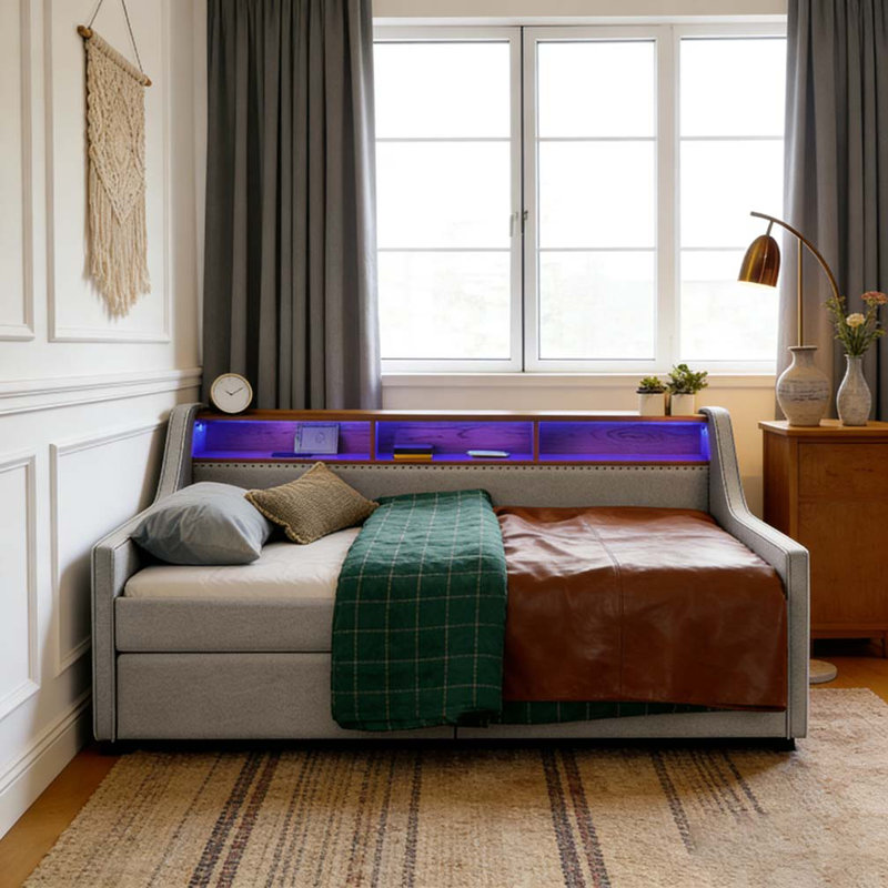 Canapé-lit simple rembourré avec trois lumières DEL, une tête de lit réglable avec rangement et un lit gigogne pliable, Beige