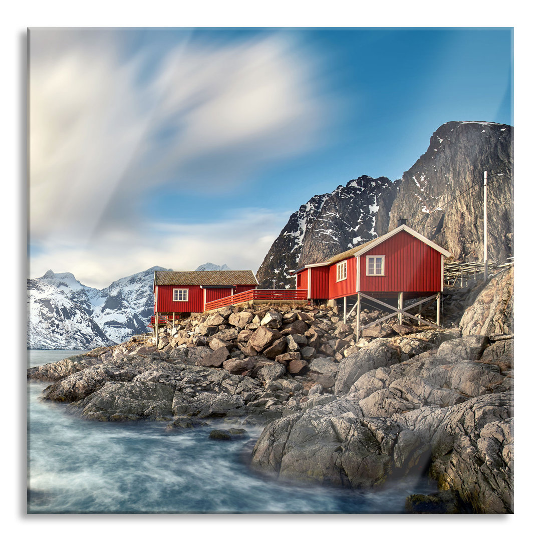 Glasbild Quadratisch | Wandbild Auf Echtglas | Einsames Rotes Haus Am Meer In Norwegen || Inkl. Aufhängung Und Abstandsh...