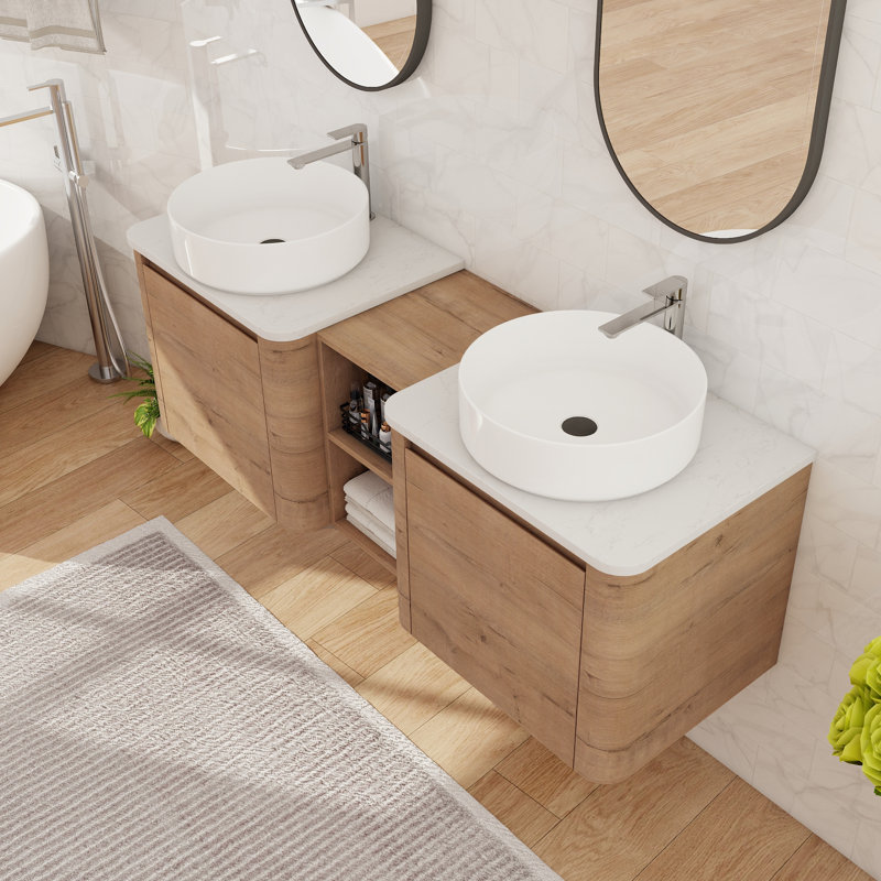 Meuble-lavabo double 60 po avec lavabo en céramique et meuble-lavabo mural 60 po, Brun, 59"