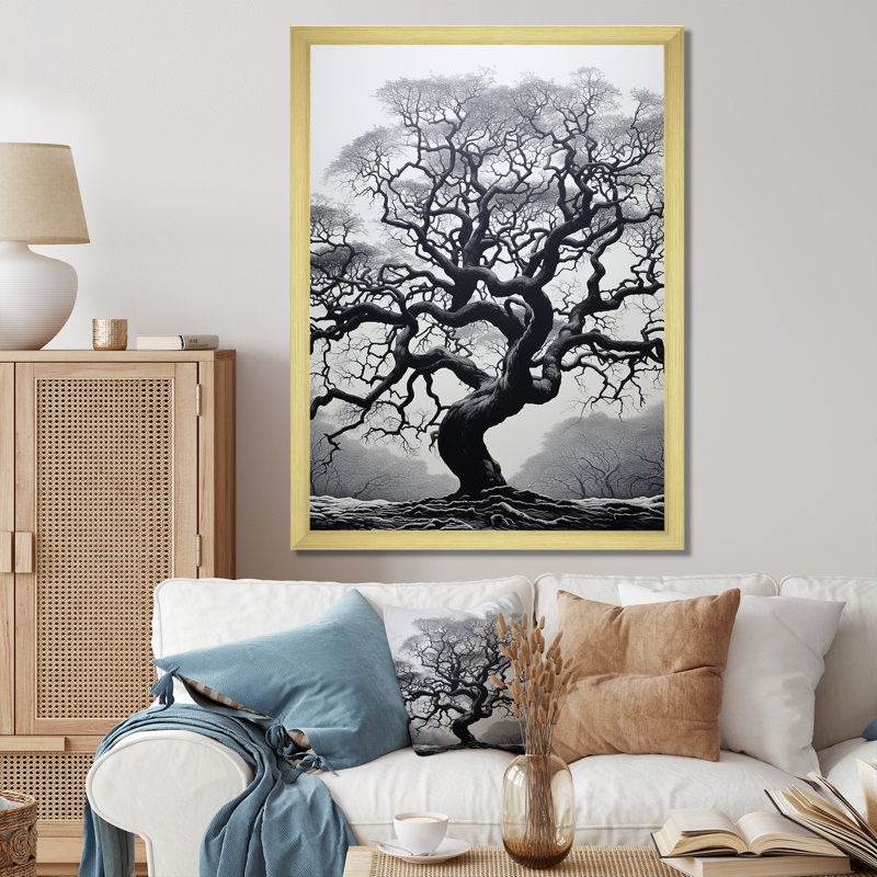 Arbre gris monochromatique Serenade II - impression sur toile florale et botanique, L 12 po x H 20 po, Cadre photo doré