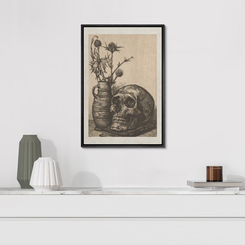 Moody crâne Moody gothique foncé crâne floral fleurs vase illustrations art moderne rustique, H 24 po x l 16 po, Cadre noir