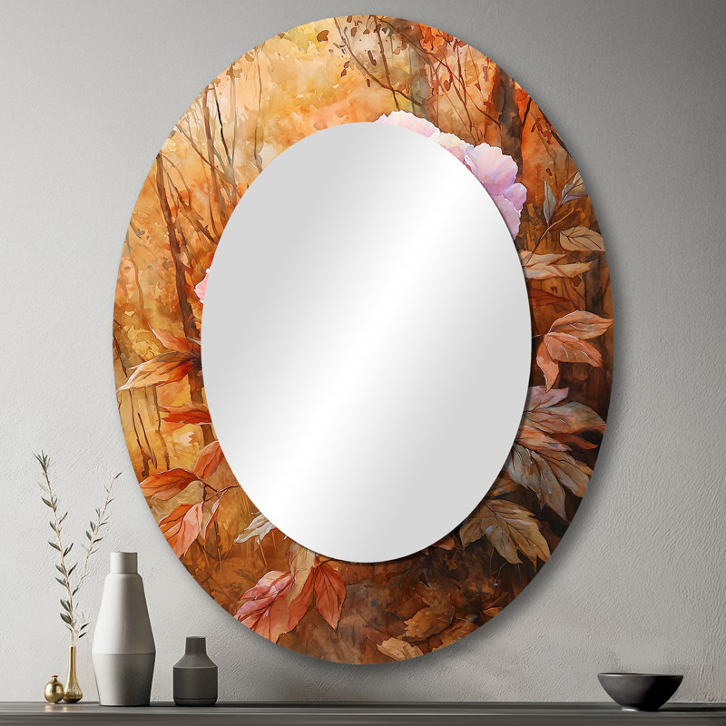 Pivoines et forêt d'automne II - Grand miroir mural ovale sur métal, 43 po x 33 po