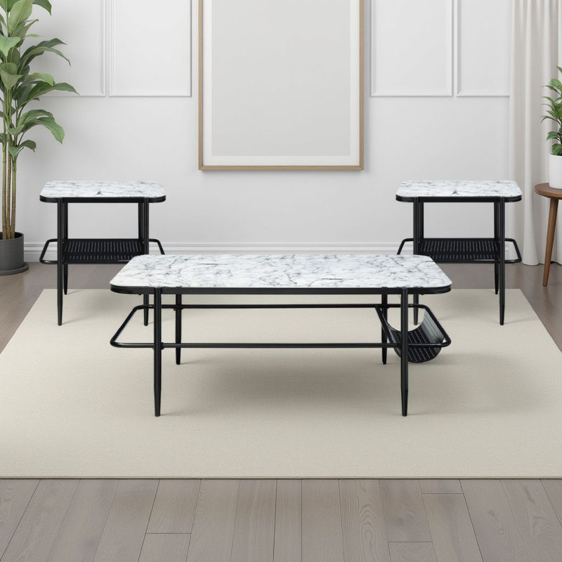 Ensemble de tables basses 3 pièces Marty, plateau en verre cannelé en marbre blanc, noir