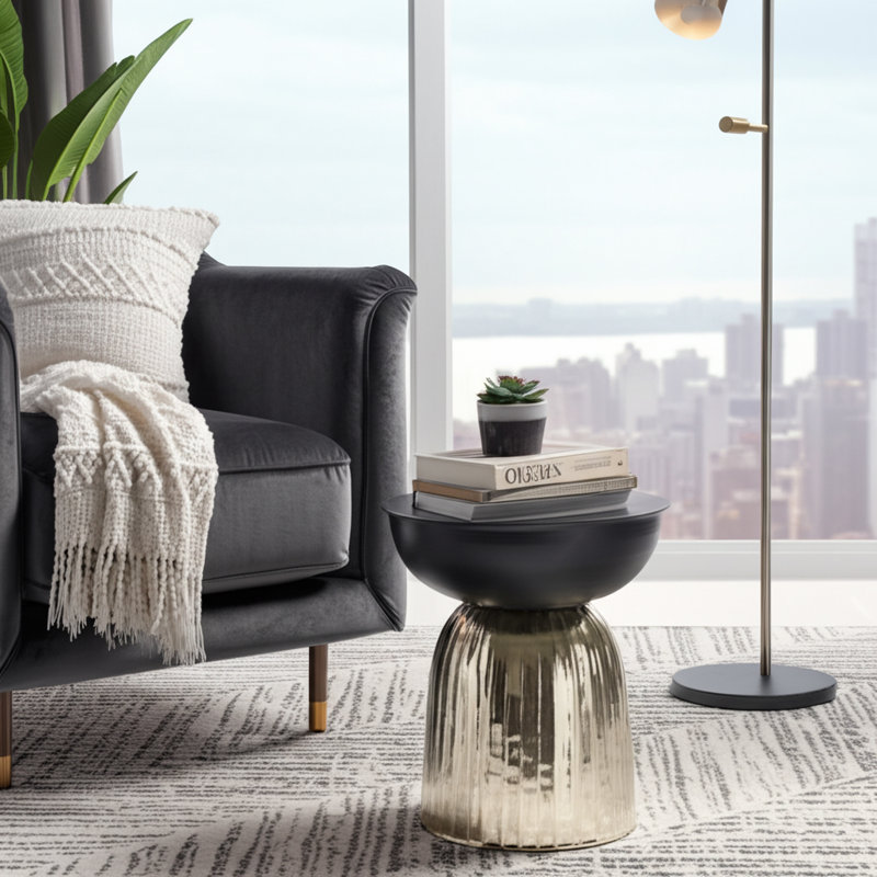 Accent Table Iron Decorative Ribbed Base For Home Office Bedroom Living Room - 18" Black & Gold