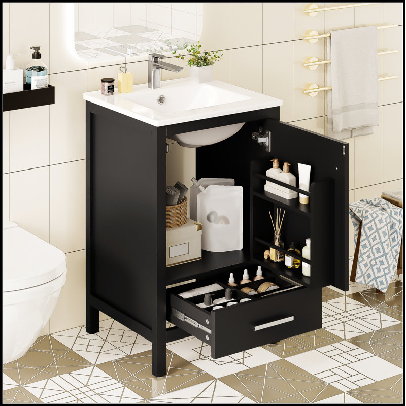 Meuble-lavabo moderne de 20 pouces avec lavabo en céramique, tiroir et porte à fermeture en douceur, organisateur double couche, tiroir de séparation, patins réglables - conception de rangement peu encombrante